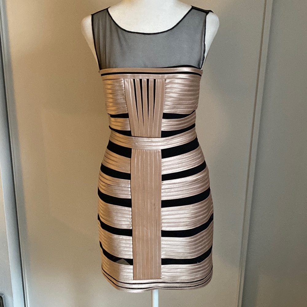 NWT BCBGMaxAzria Brenda Champagne and Black Mesh Bodycon Bandage Mini Dress